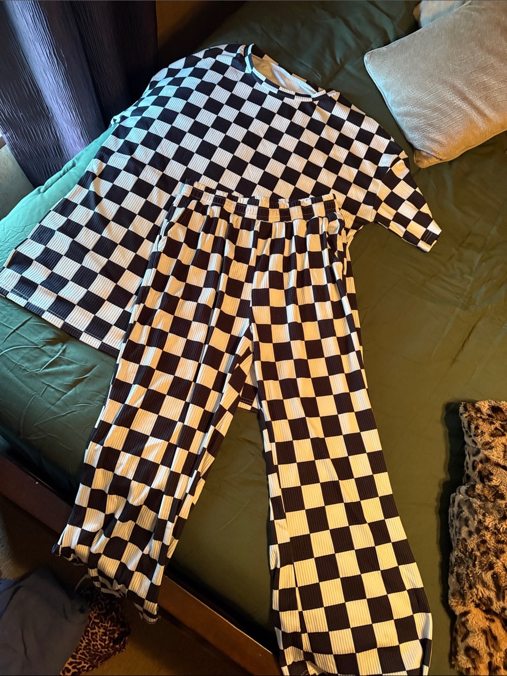 Checkerboard Wide-Leg Pants - Black & White